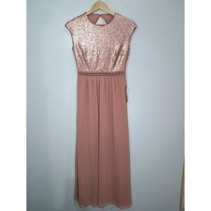 Truth & Fable Rose Gold Sequin Chiffon Maxi Dress Keyhole Back Small Formal Gown